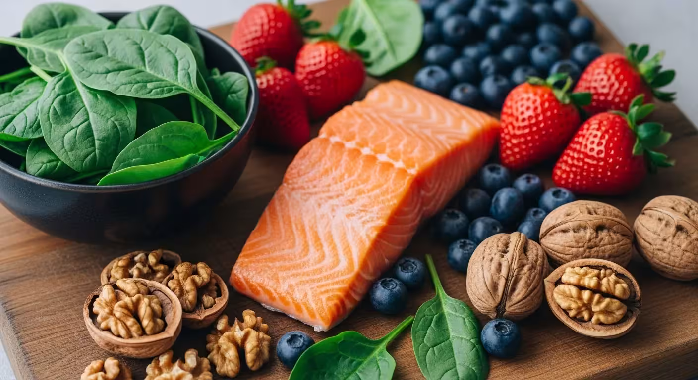 A photograph of various anti-inflammatory foods, including berries, salmon, leafy greens, walnuts, and dark chocolate.