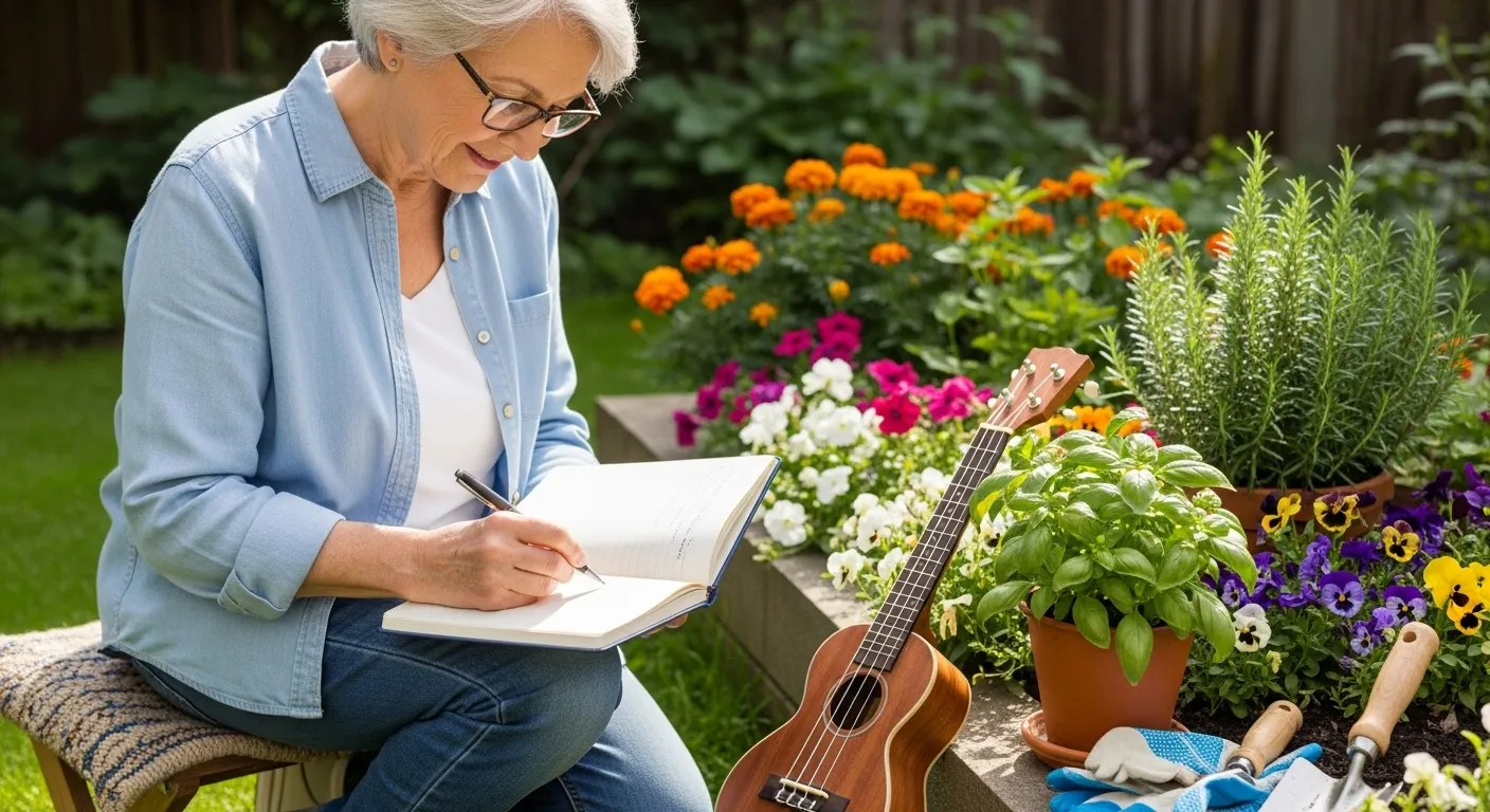 A person sits in a sunny garden, writing in a journal, with a small garden and a ukulele visible nearby.