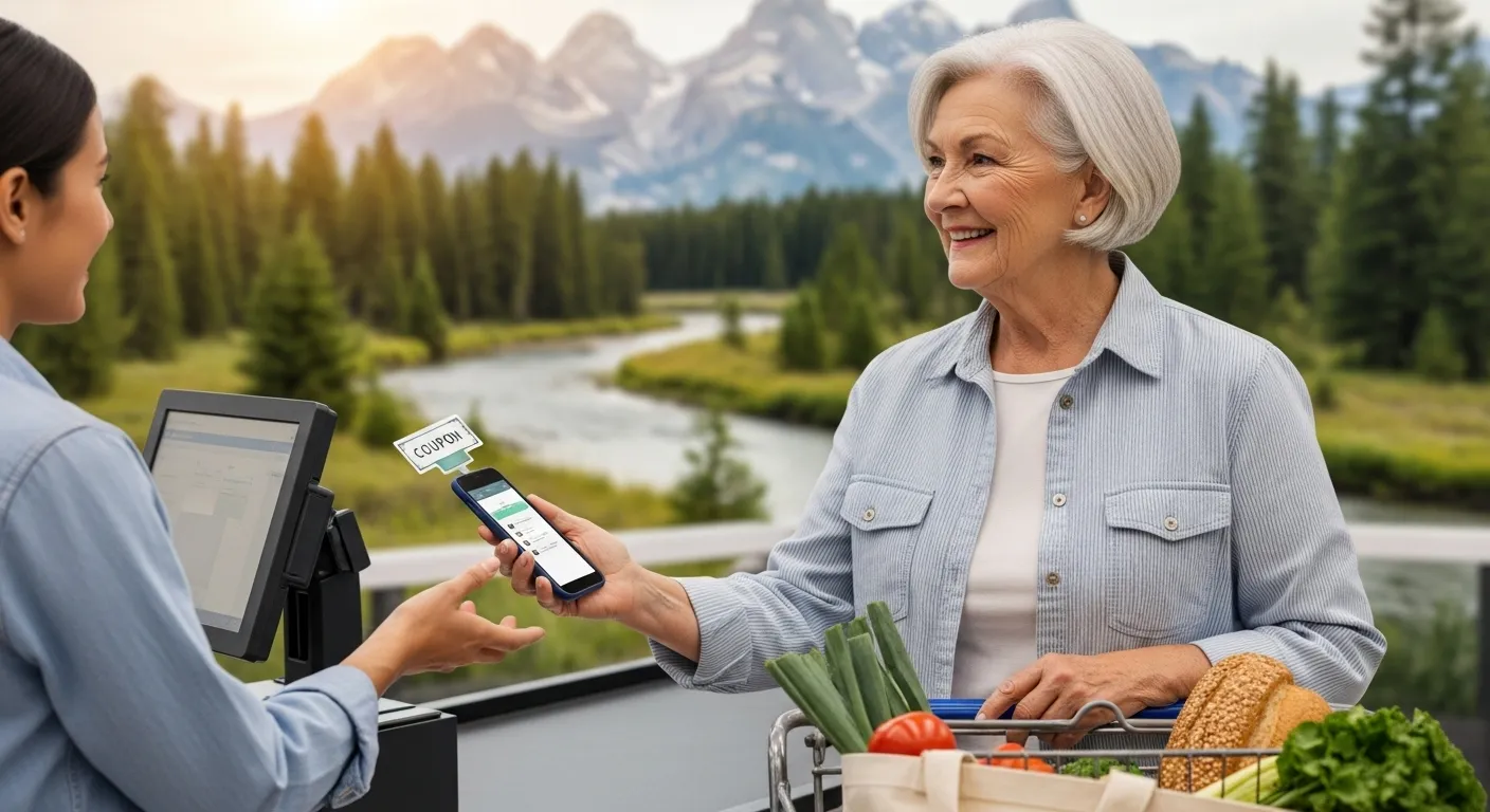 A senior citizen smiles while using a digital coupon on their phone at a grocery store, with a scenic national park subtly visible in the background.