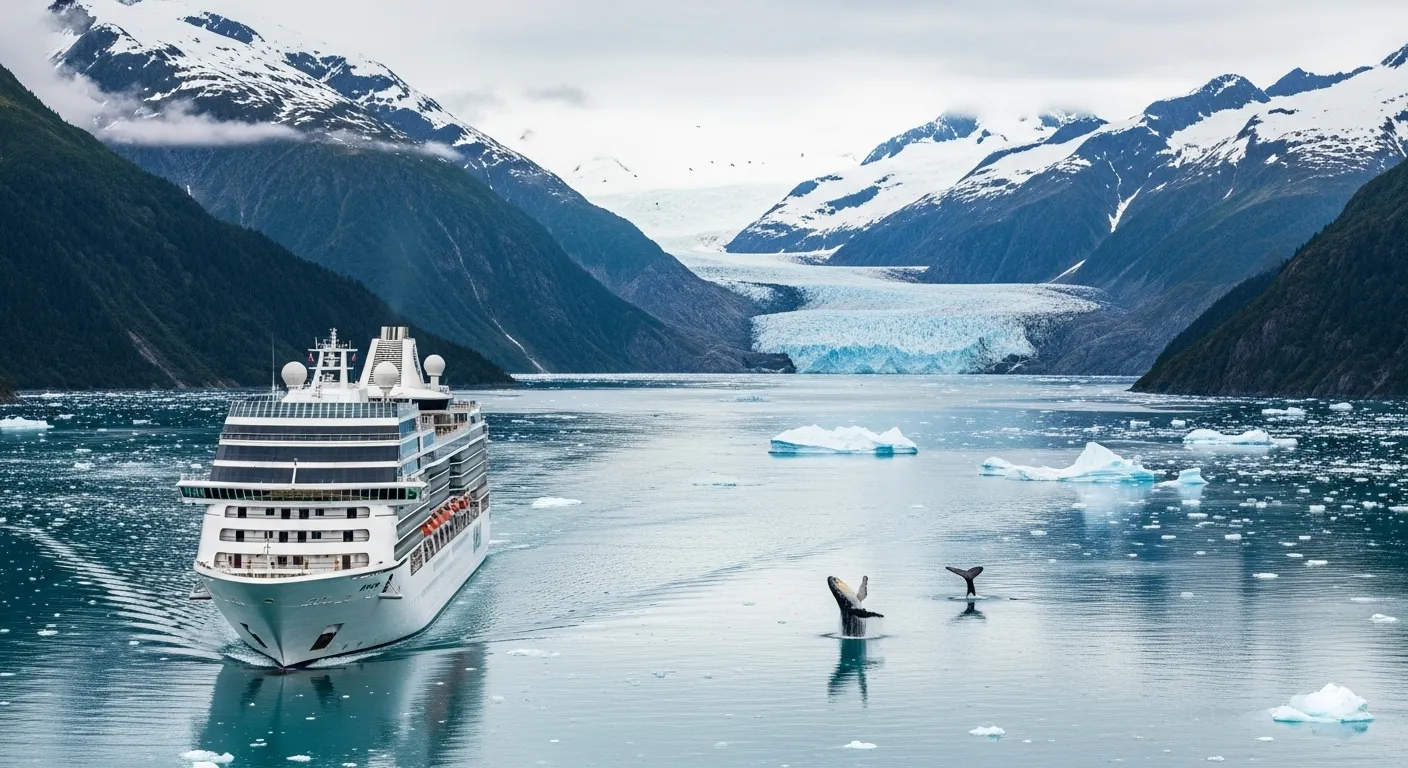 A cruise ship sails past towering glaciers and icebergs in Alaska, with wildlife visible on shore.