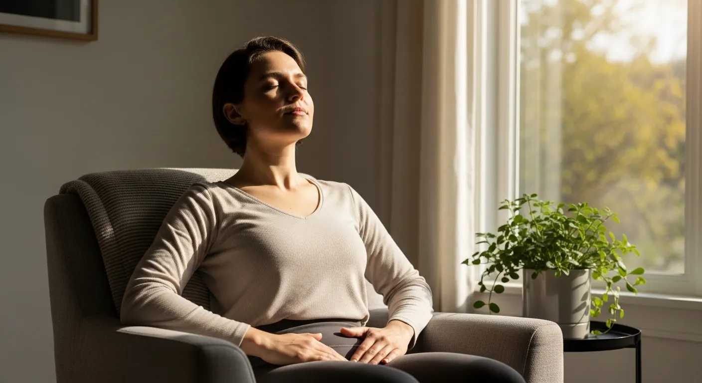 A person practicing deep belly breathing, sitting in a chair with their eyes closed, hands resting on their abdomen.