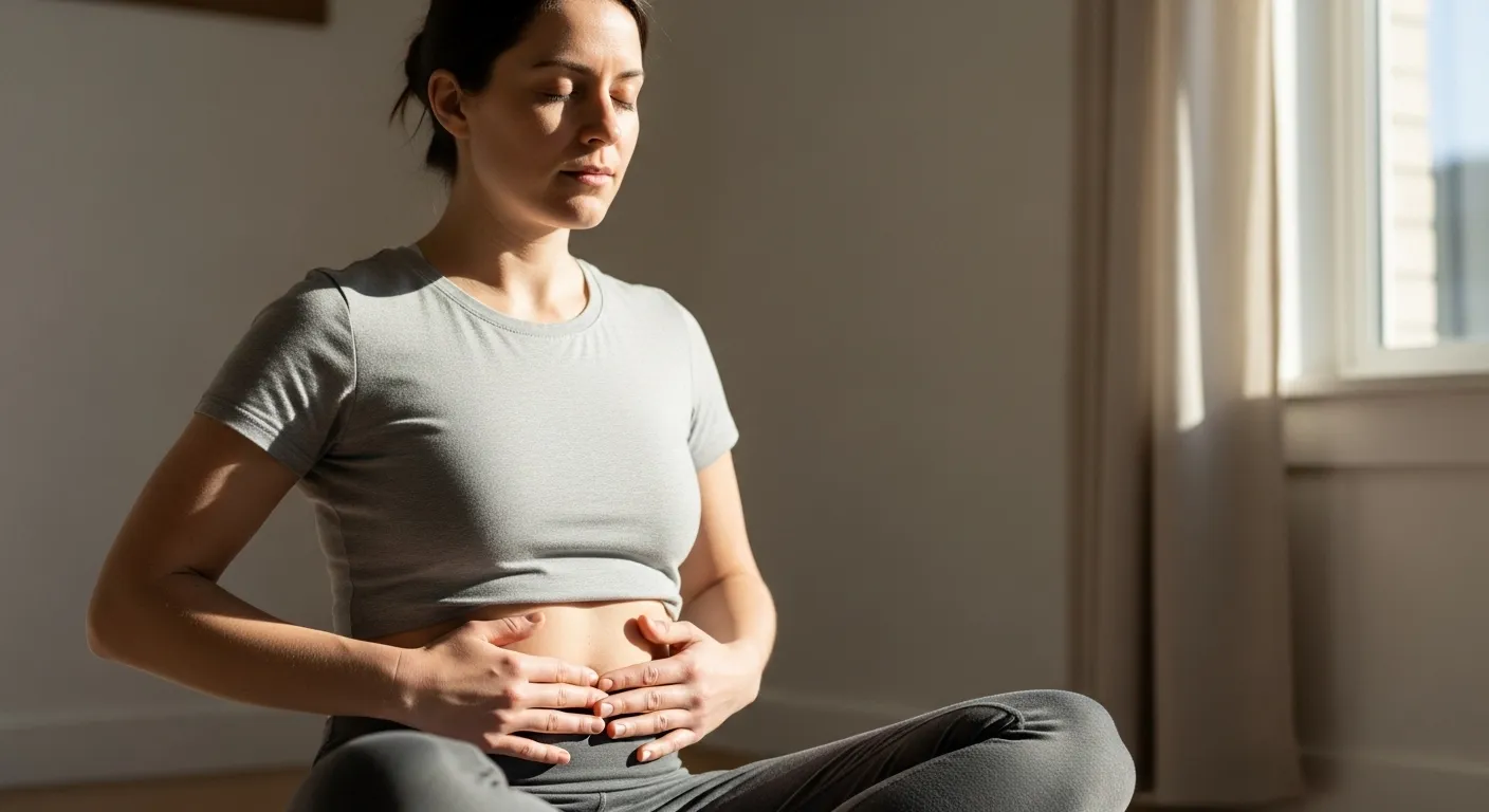 A person sits in a chair with their eyes closed, practicing a deep breathing exercise.