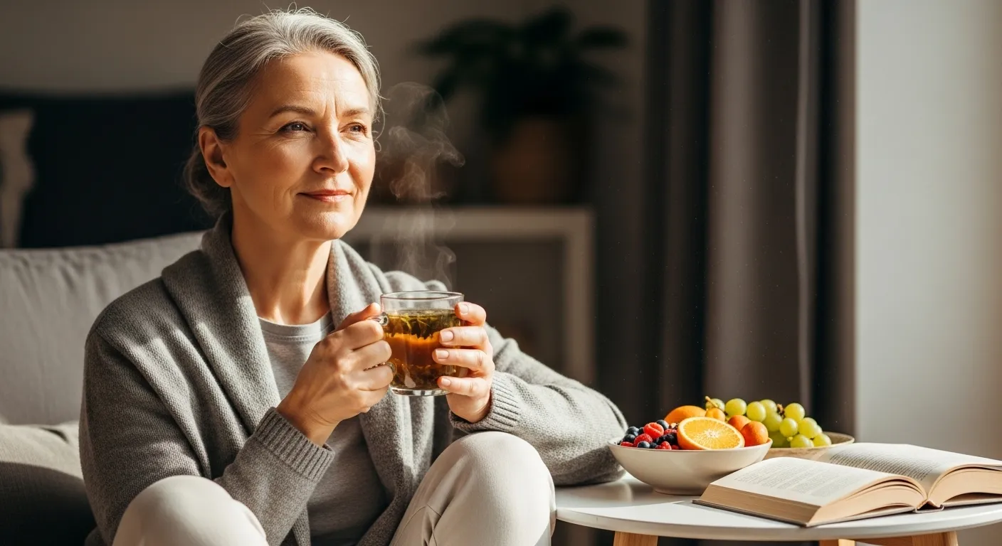 An older person sits comfortably in a chair, holding a mug, with fruit and a book visible nearby.