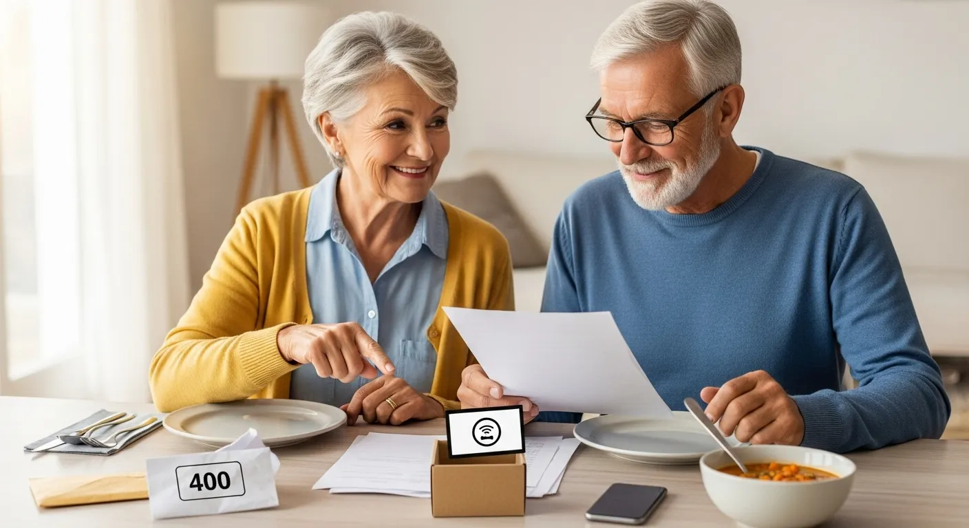 A smiling retired couple sits at a table reviewing paperwork and surrounded by items representing cost-saving measures in their retirement.