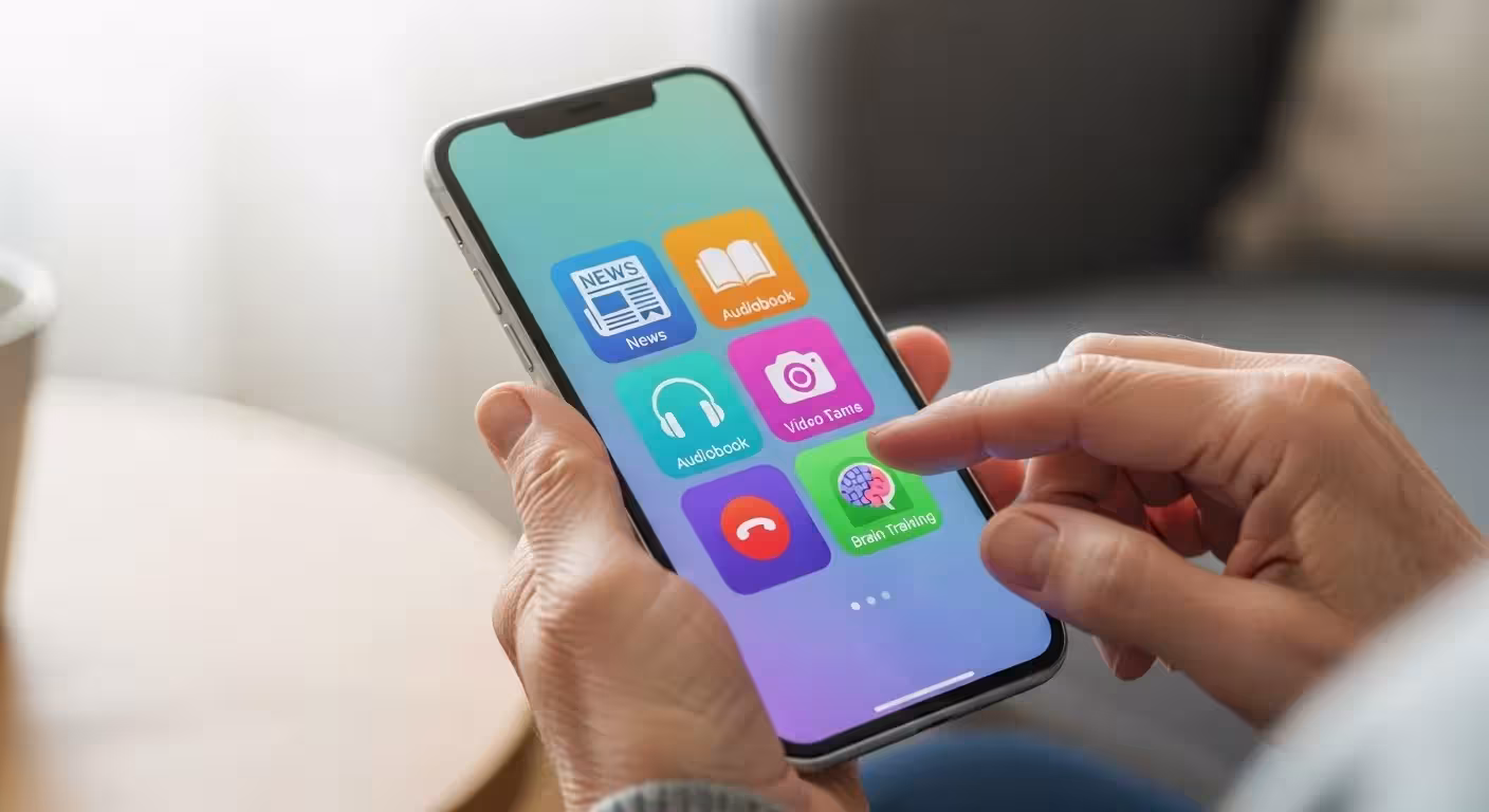 A senior's hand holds a smartphone displaying multiple app icons, including those for news, audiobooks, video calling, and brain games.