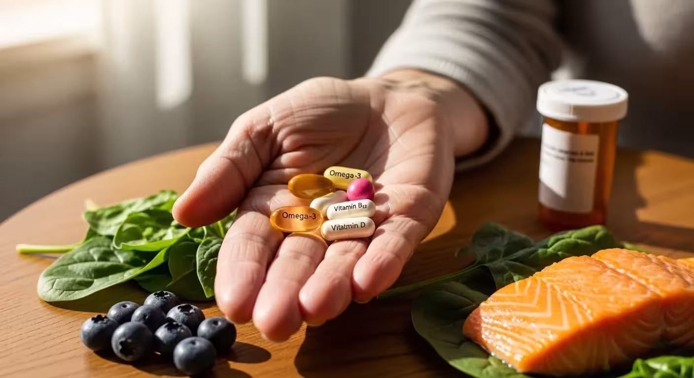 A photograph of various supplements and healthy foods, including fish, berries, and leafy greens, suggesting a healthy lifestyle for brain health.