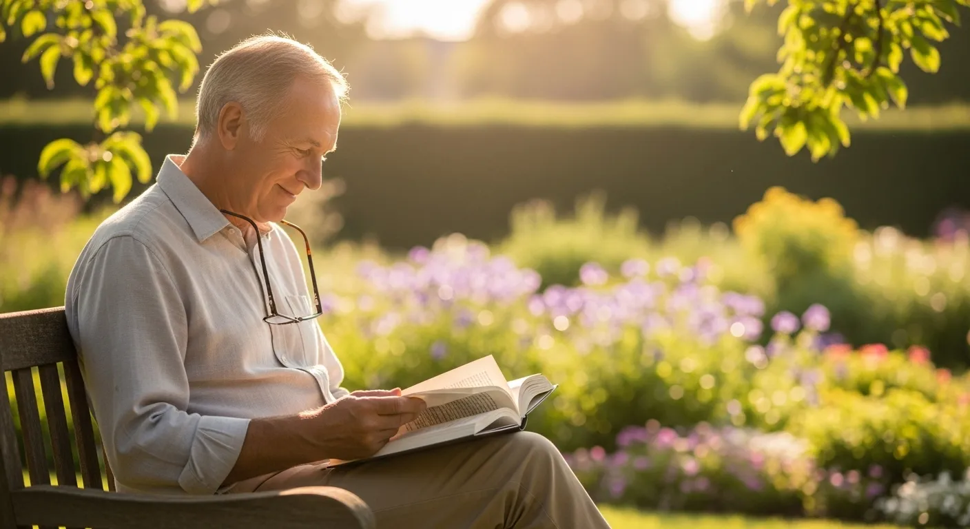 An older person sits outdoors, reading a book in a sunlit spot, with a peaceful natural setting in the background.