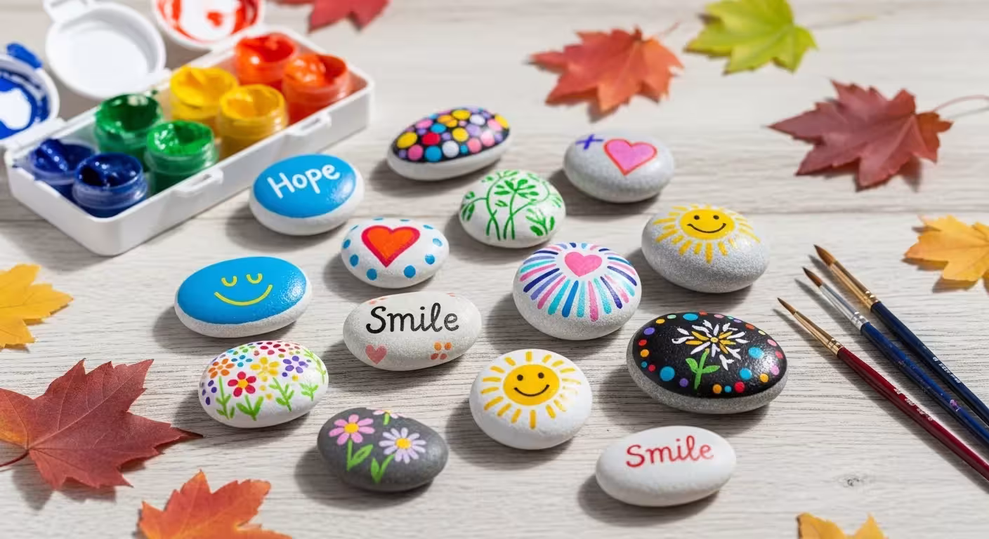 A close-up shot of several painted rocks with positive messages, arranged on a garden path.