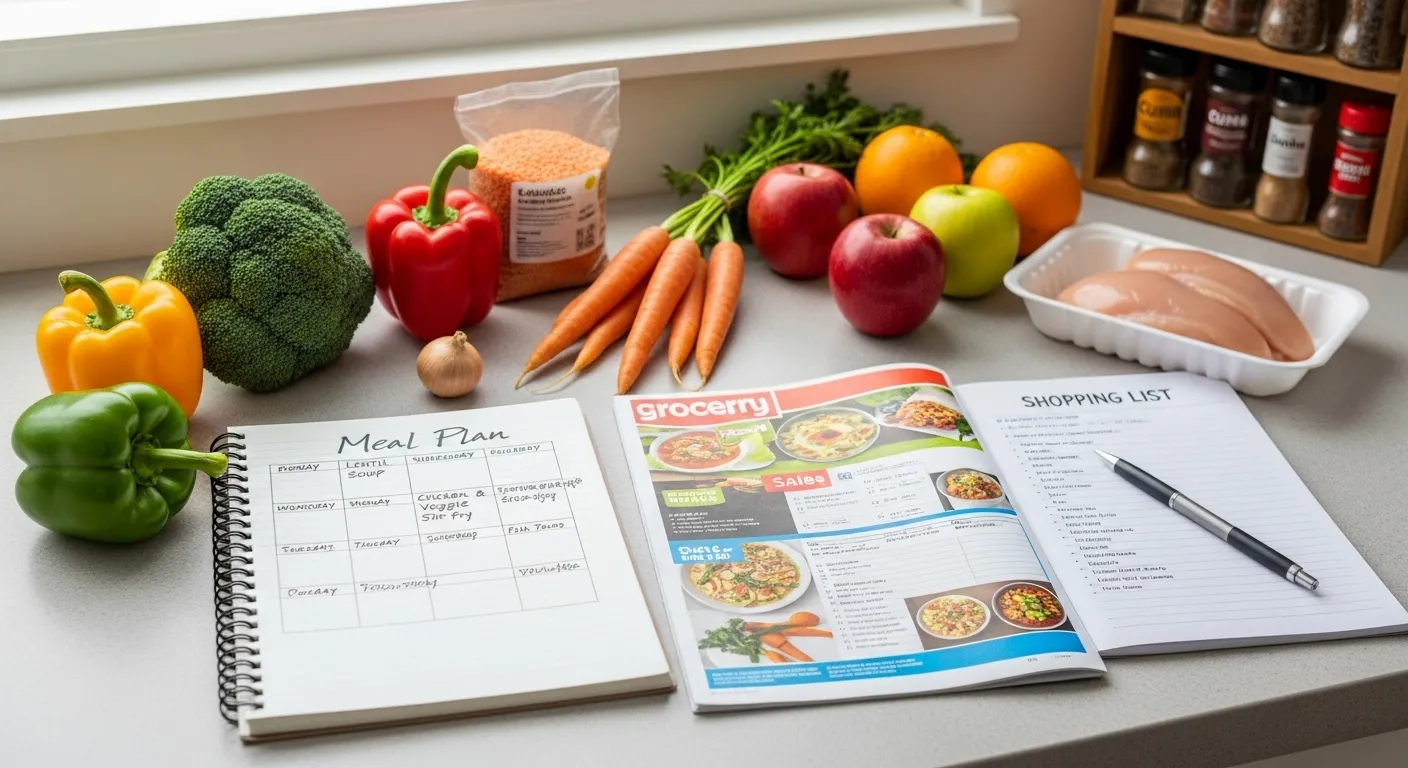 A kitchen counter with a neatly organized shopping list, a meal plan calendar, and various fresh produce and pantry staples.