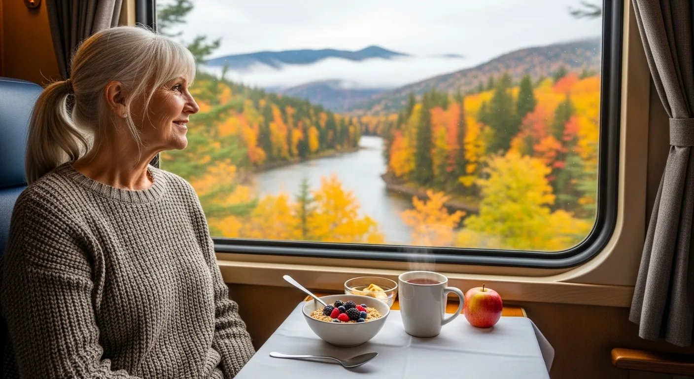 A senior citizen sits by a window on a train, looking out at autumnal scenery of a national park.