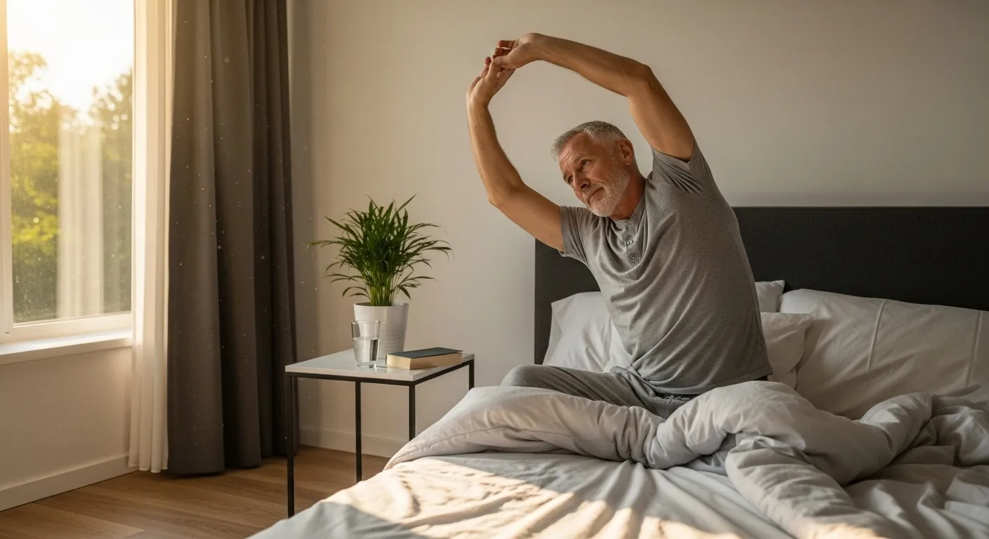 An older person sits at a table, enjoying breakfast with fresh fruit and a cup of tea, while sunlight streams in from a nearby window.