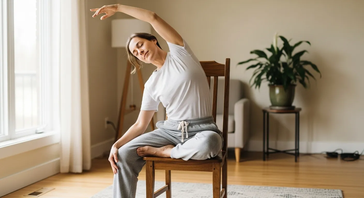 A person sits in a chair, performing a seated yoga stretch with their arms raised overhead and their back straight.