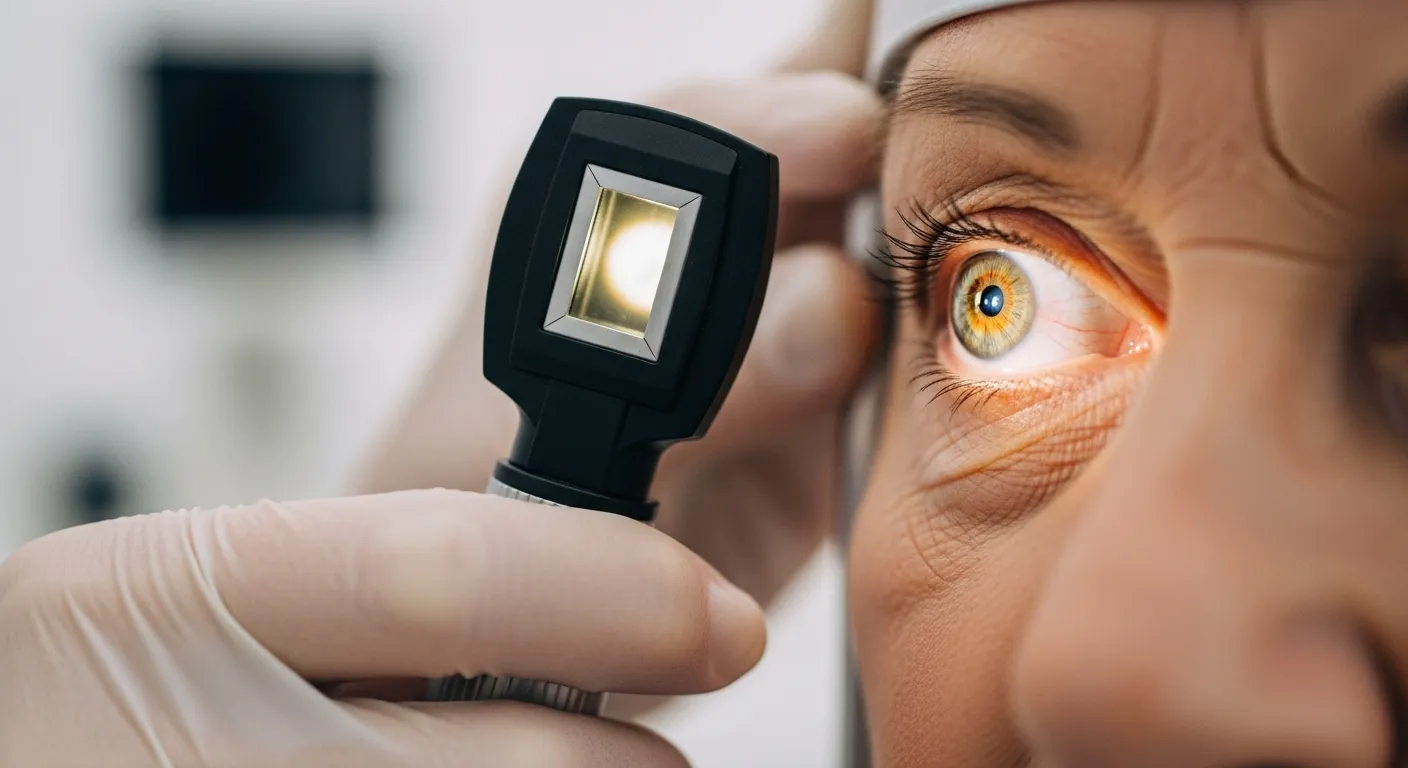 A close-up photograph of a doctor performing a dilated eye exam on a senior patient, using an ophthalmoscope.