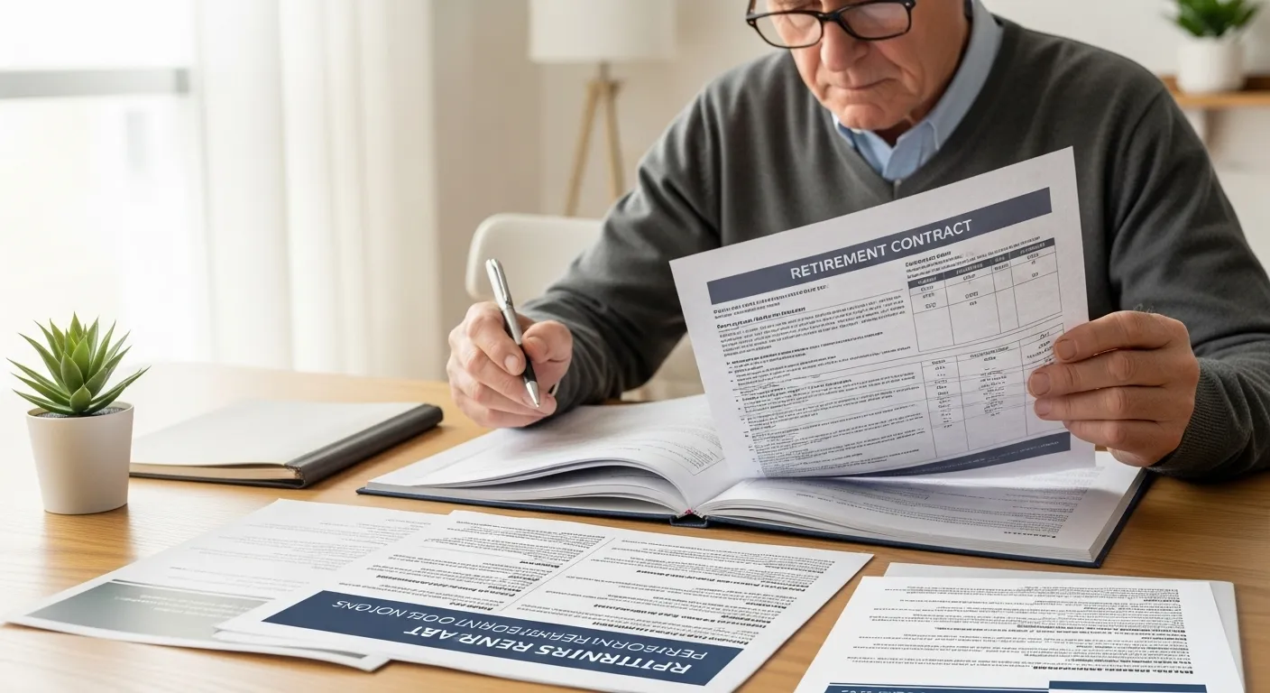 A person sits at a table, reviewing paperwork and using a calculator, surrounded by financial documents related to a retirement community.