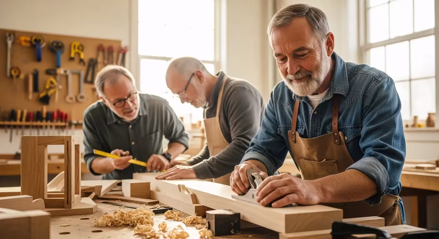 A group of older men work on woodworking projects in a well-lit workshop, sawdust visible in the air.