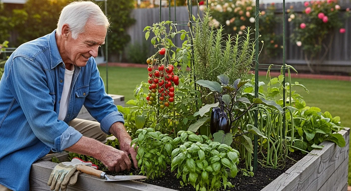 An elderly man tending to a raised garden bed filled with various vegetables and herbs, a vibrant and healthy garden in the background.