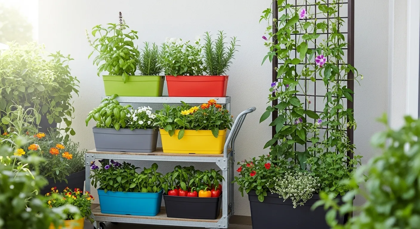 A balcony garden with various potted plants, a vertical trellis, and a wheeled plant caddy.