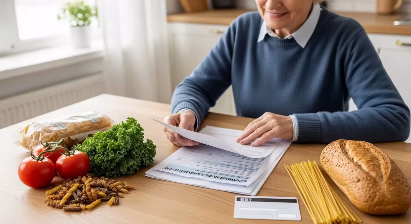 A senior citizen is reviewing paperwork at their kitchen table with groceries and an EBT card nearby.