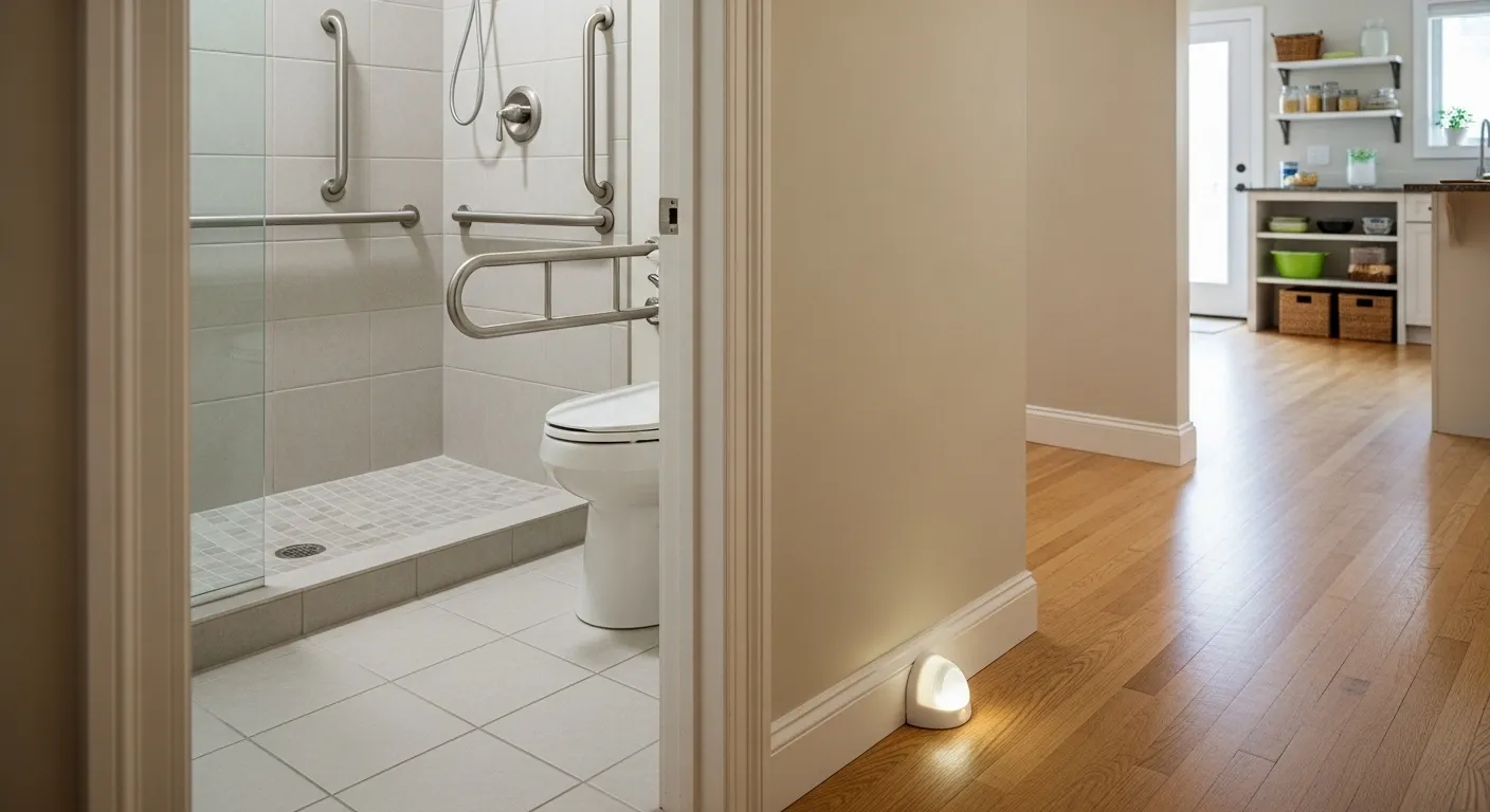 A brightly lit interior room with easy-to-navigate pathways, grab bars installed in a bathroom, and necessary items within easy reach on lower shelves.