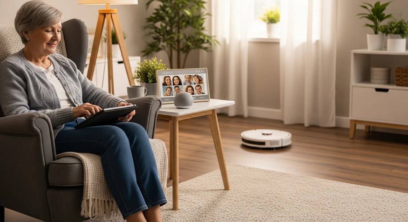 A senior adult relaxes in a well-lit living room with several smart home devices visible, including a smart speaker, a digital photo frame, and ambient lighting.