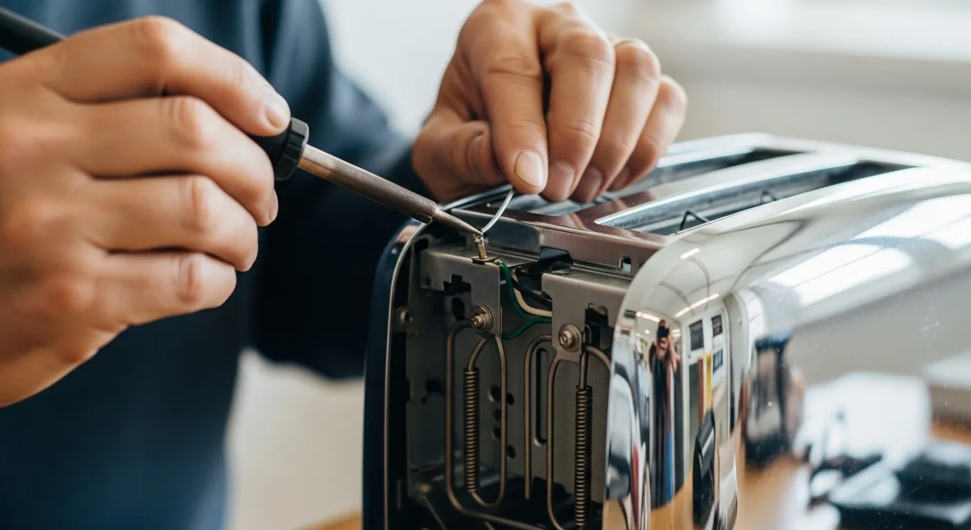 A man with a screwdriver repairs a vintage chrome toaster at a community repair cafe table.
