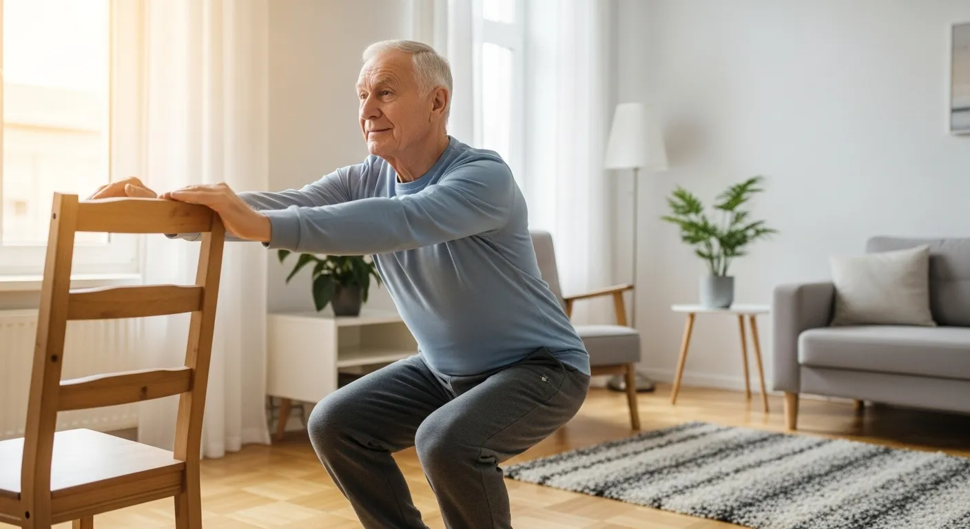 An elderly man performs simple exercises, such as chair squats and arm stretches, in his living room near a window.
