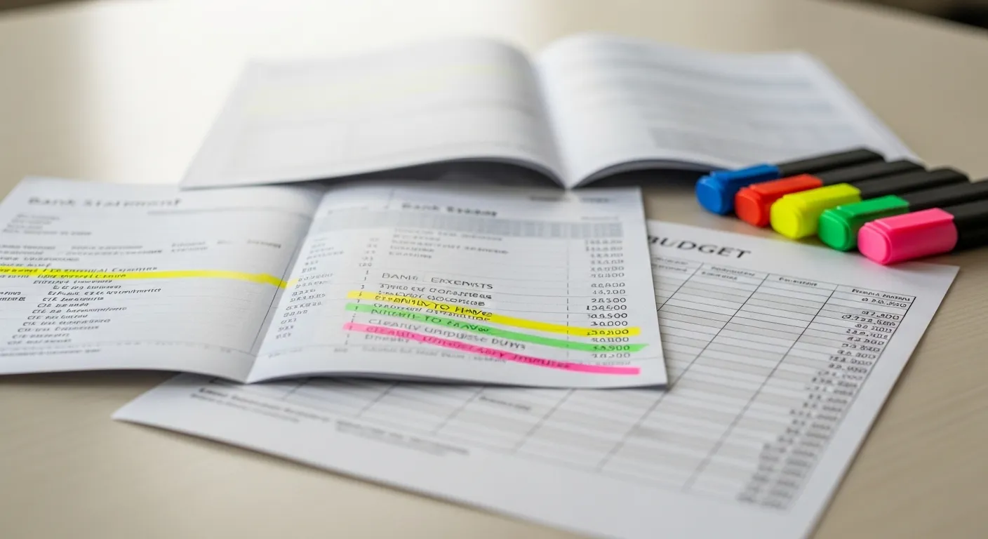 A man sits at a table, reviewing bank statements highlighted in green, yellow, and red.