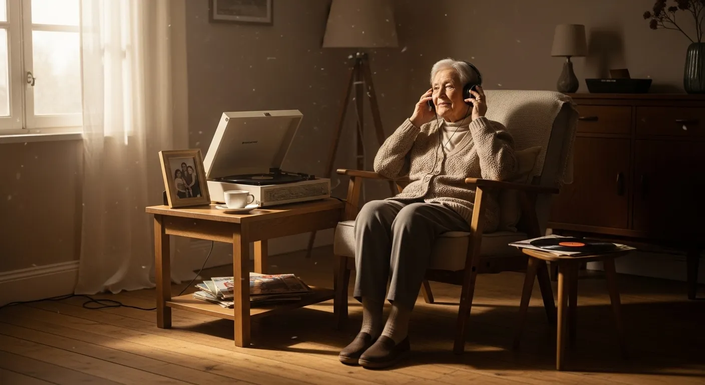 An elderly person sits in a sunlit room listening to music from a record player, with a family photo visible in the background.