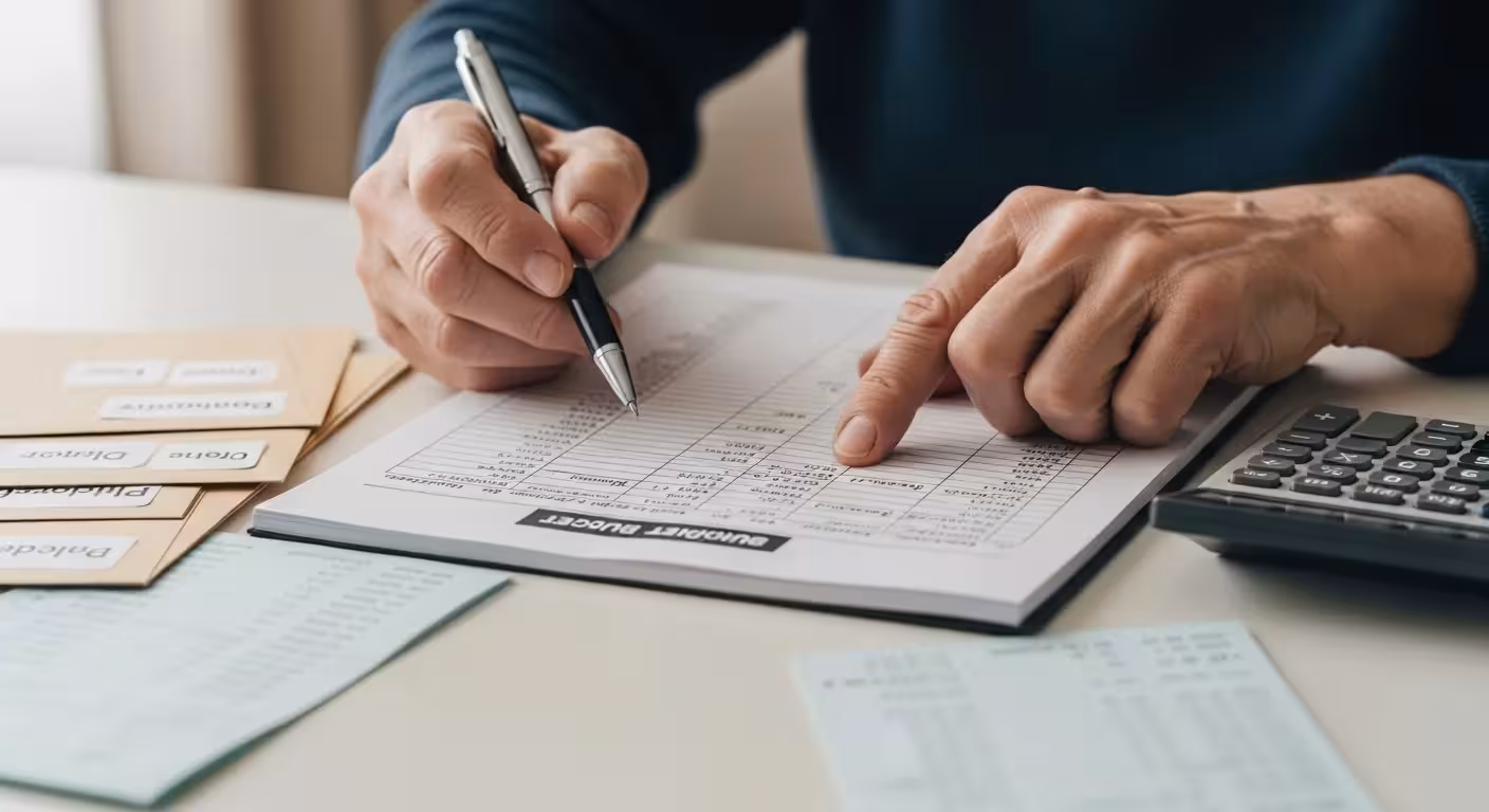 A senior is reviewing their monthly budget, spread across a table with categorized expenses and income sources clearly visible.