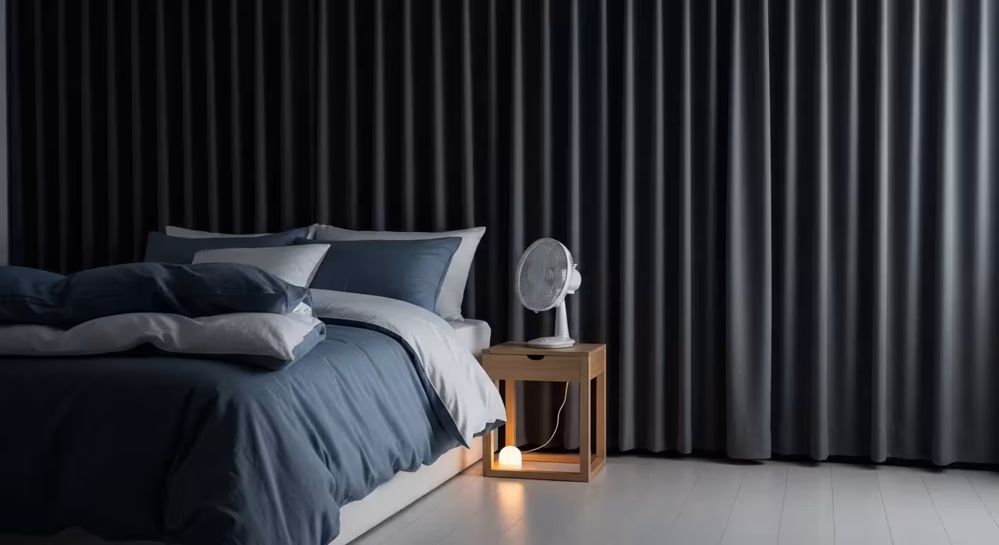 A dark bedroom with blackout curtains, cool-toned bedding, and a quiet fan running.