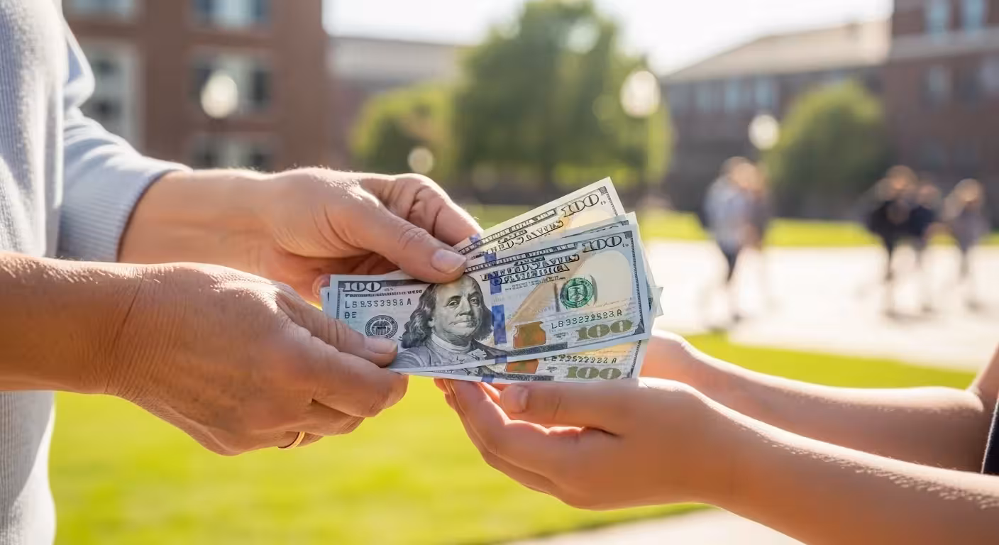 A senior citizen reviewing financial documents at a desk, with a framed family photo visible in the background.