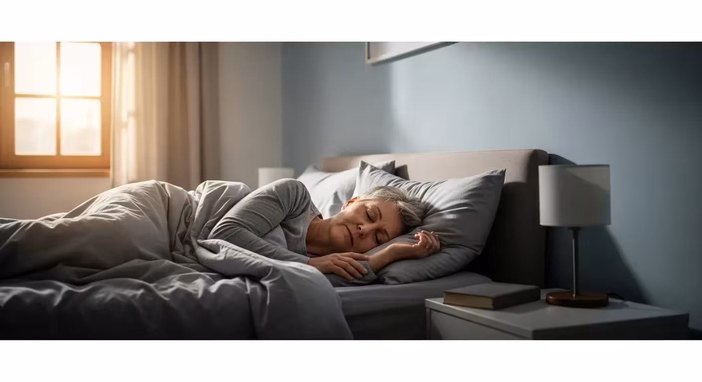 A person peacefully asleep in a cool, dark bedroom, sunlight illuminating part of the room.