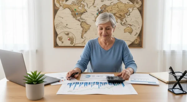 A person reviews financial documents at a desk with a world map and graph visible in the background.