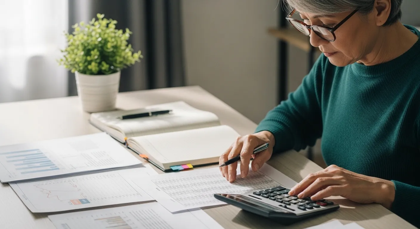A senior adult examines financial papers at a desk, with a calculator and notebook nearby.