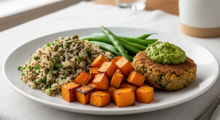 A senior sits at a kitchen table, a colorful plate of plant-based food in front of them, including vegetables, legumes, and whole grains.