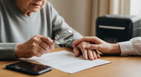 An older person sits at a desk reviewing paperwork, a phone nearby, and a hand offering support.