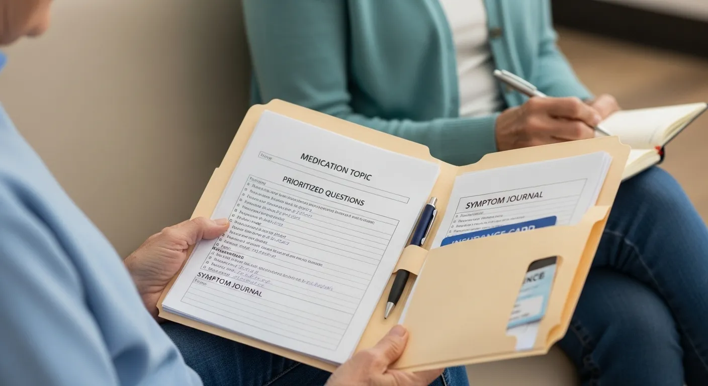 A senior citizen and a companion review documents at a doctor's office, focusing on a folder containing organized healthcare information.