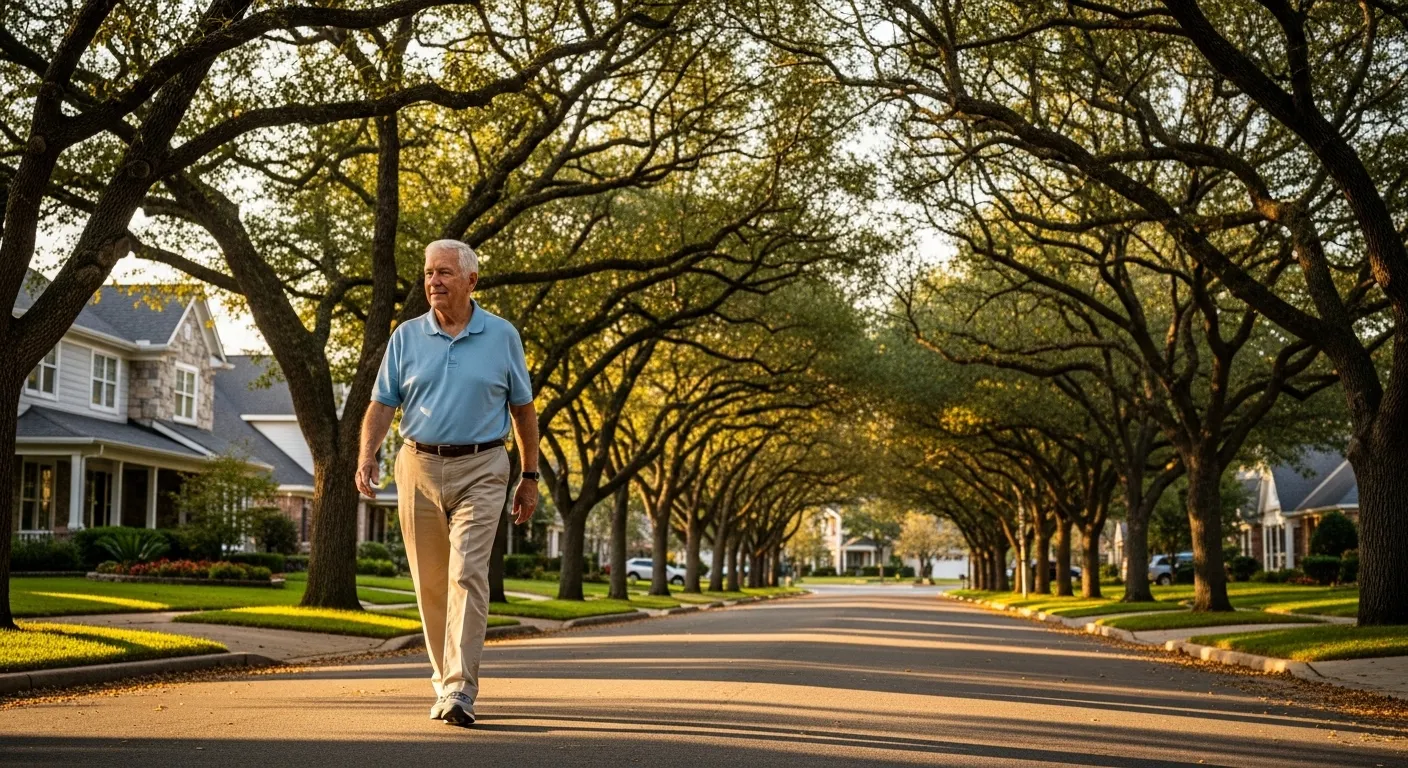 An elderly man walks briskly down a residential street, smiling slightly.