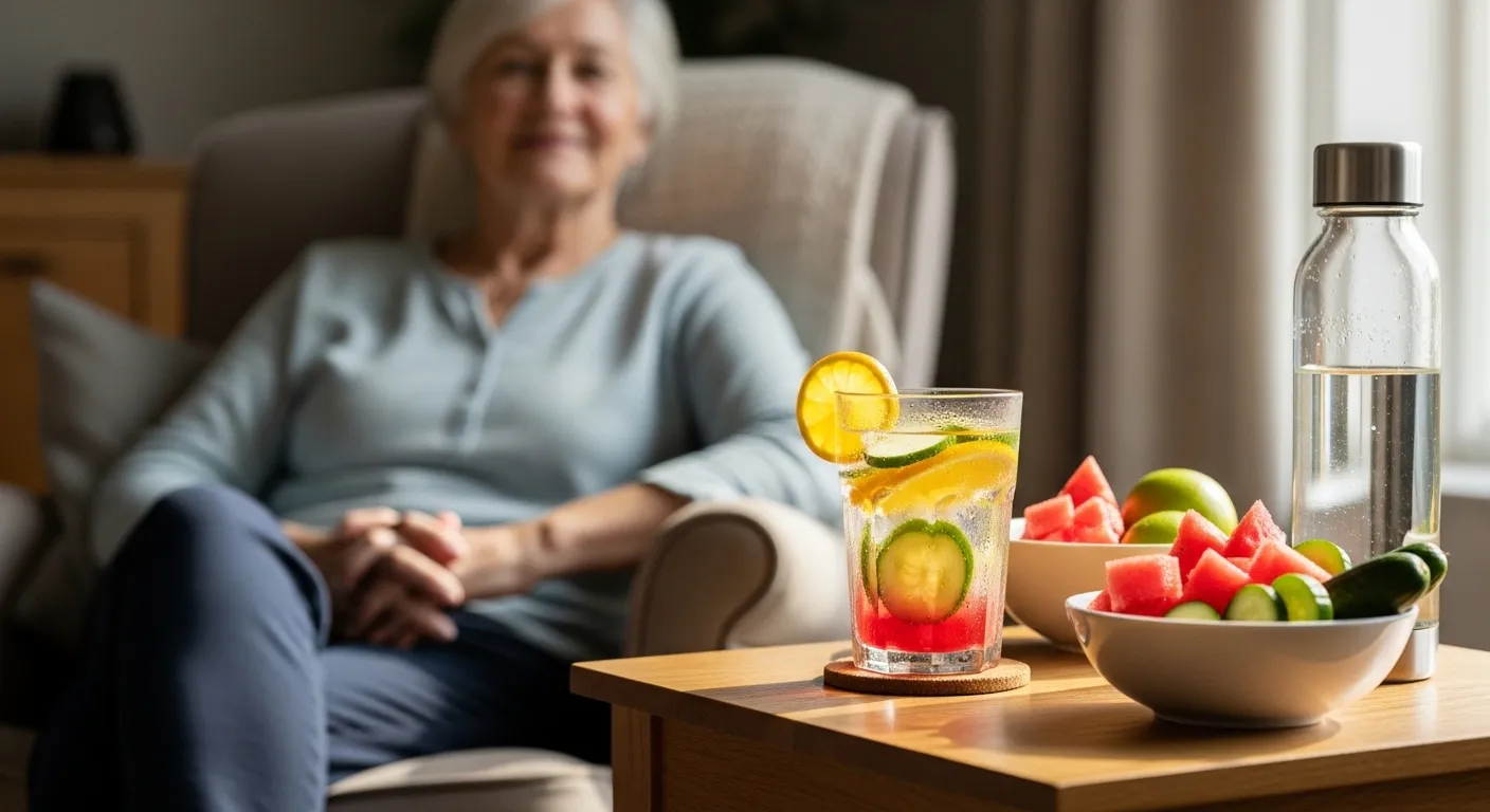 An older person sits in a chair next to a table with a glass of water, a bowl of fruit, and a reusable water bottle.