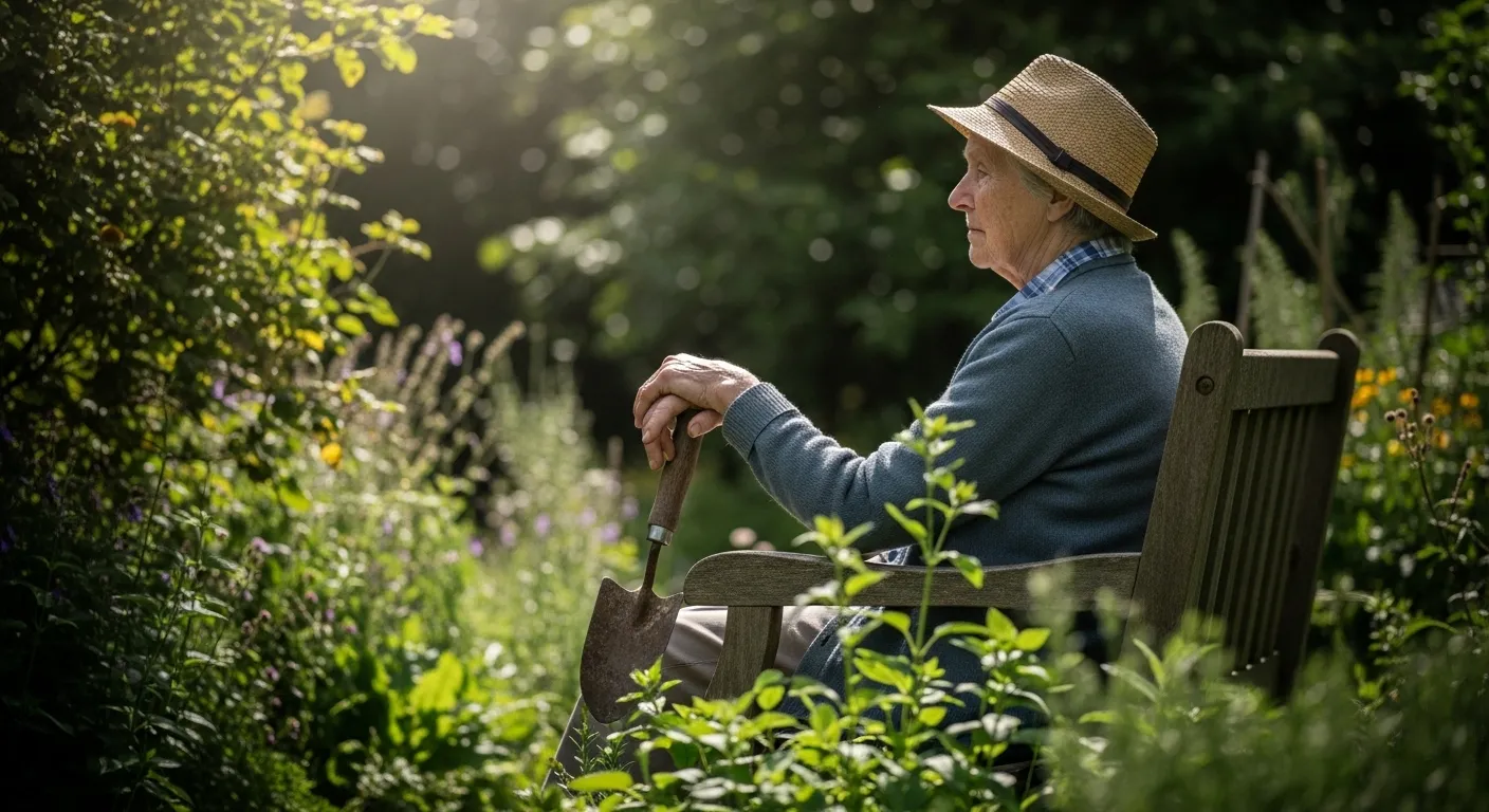An elderly person sits alone in a garden, their hands resting on a gardening tool.