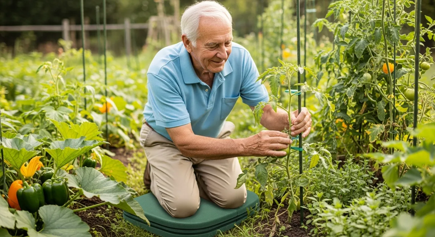 An elderly man, smiling gently, kneels on a cushioned gardening stool while tending to his flower garden.
