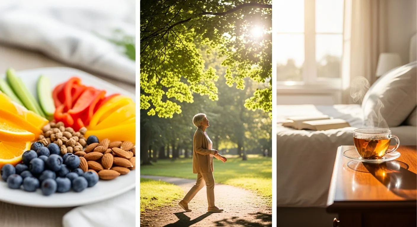 A senior adult walks outdoors in a park, surrounded by colorful flowers, carrying a reusable water bottle.