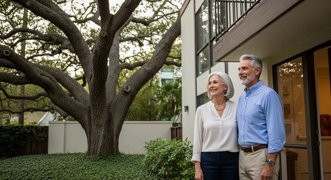 An older couple stands in front of a cozy condo, smiling; a large oak tree is visible in the background.