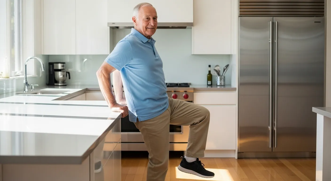 An elderly man stands on one leg, using a kitchen counter for slight support, during a balance exercise.