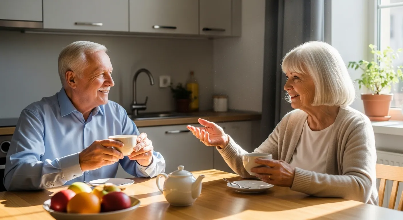 An elderly couple sits at a kitchen table, sunlight streaming through a window, looking relaxed and happy.