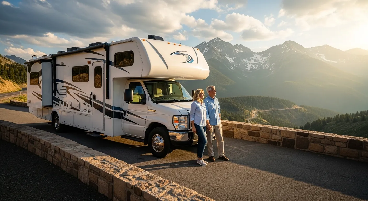 An older couple smiles while sitting inside a motorhome parked in a scenic location with mountains in the background.