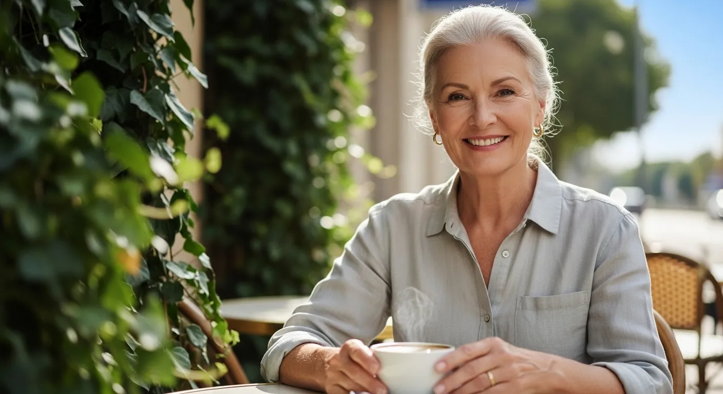 An older adult smiles warmly while sitting at a table outdoors at a café.