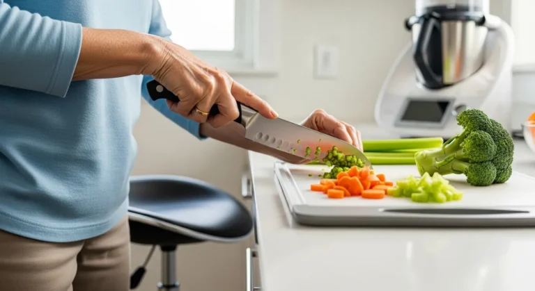 A senior citizen comfortably seated at a kitchen counter, preparing food with ergonomic utensils and surrounded by easily accessible kitchenware.