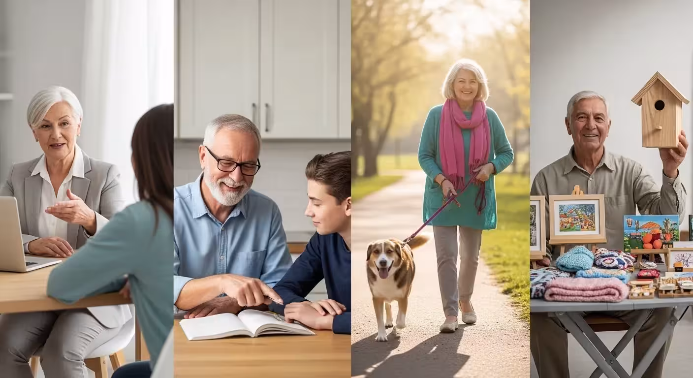A collage showcasing various retirement side hustles: consulting, tutoring, pet care, and selling handmade crafts.