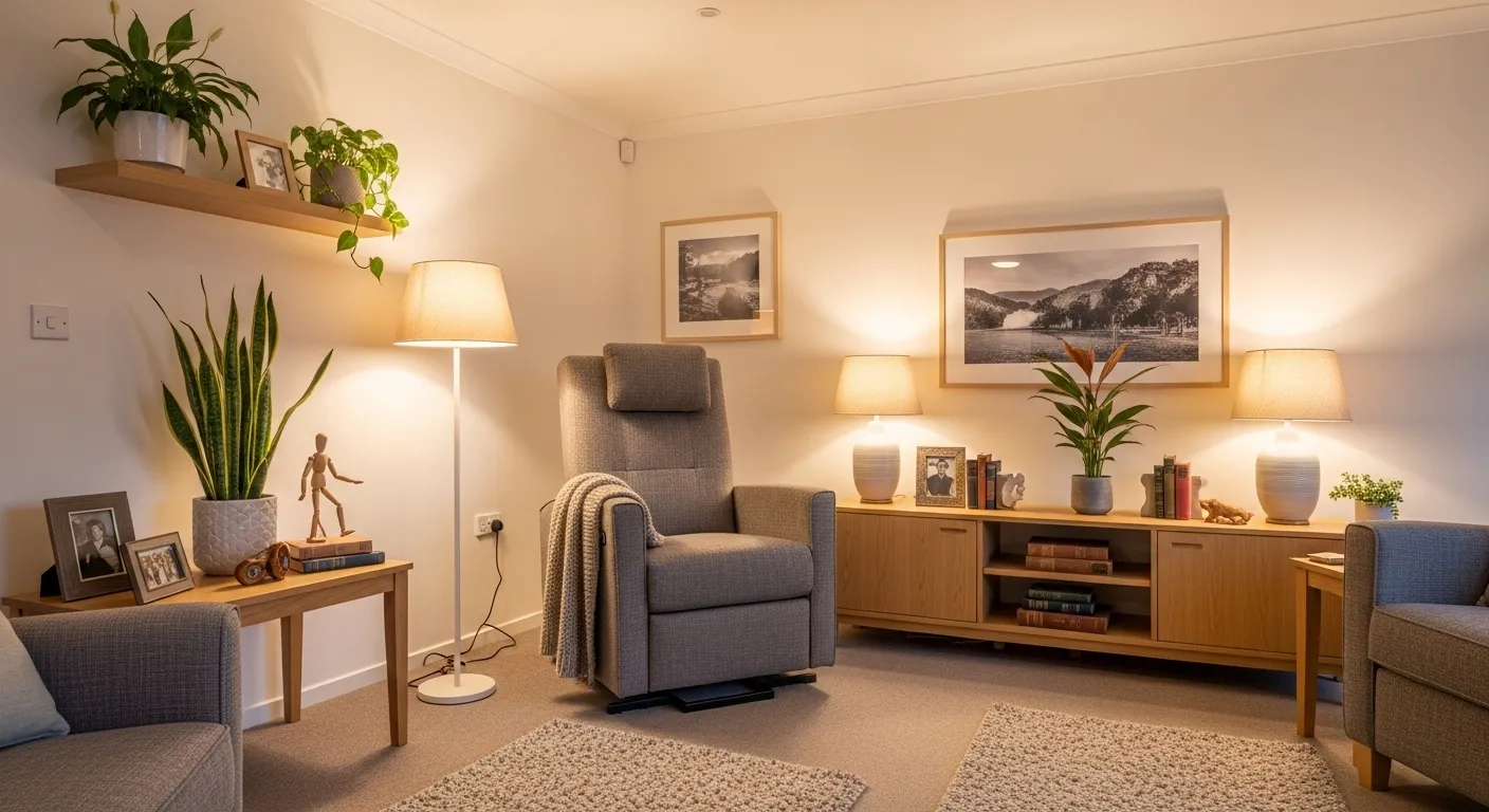 A well-lit living room with comfortable seating, personal items displayed on shelves, and potted plants.